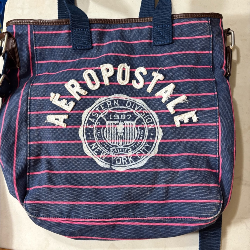 Aeropostale Y2K Canvas shoulder bag tote blue pink stripe Open Faded Worn NY